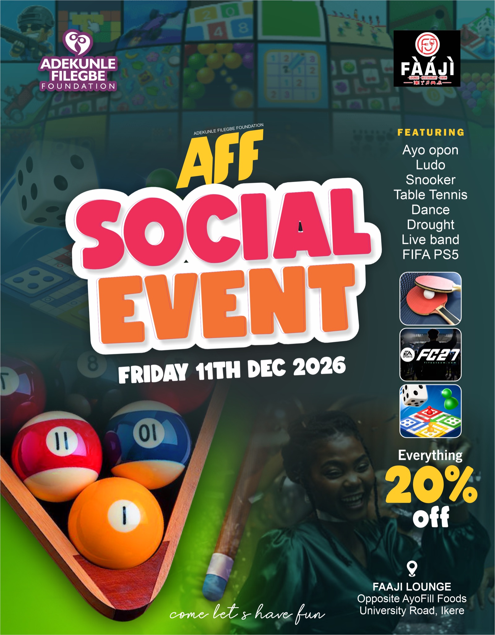 Poster for the foundation social event at Faaji Lounge.